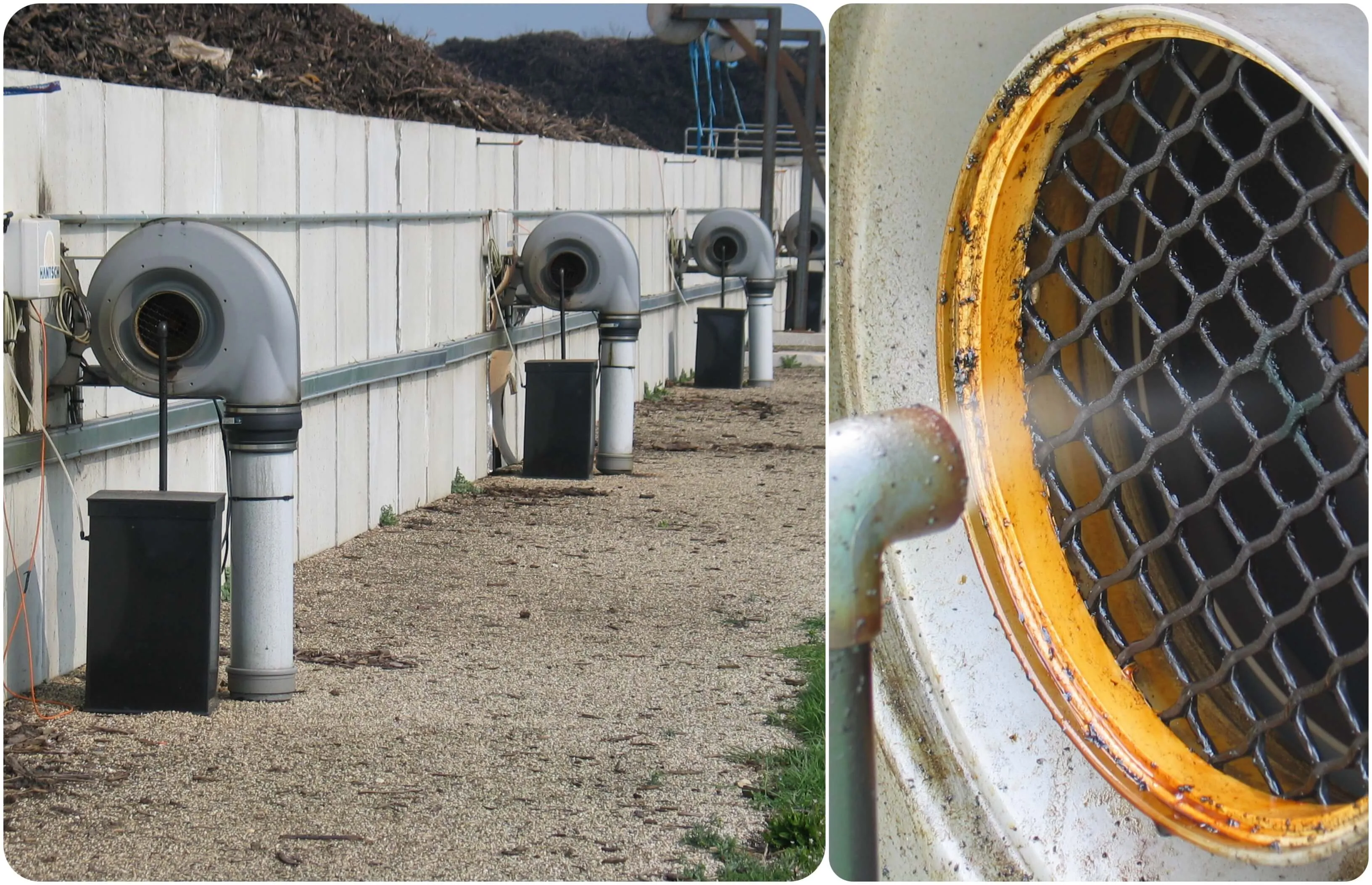 Ventiladores de difusión junto a un muro de contención en una planta de residuos